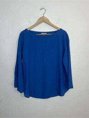 Eileen Fisher Blue Organic Linen Crew Neck Top Size Small